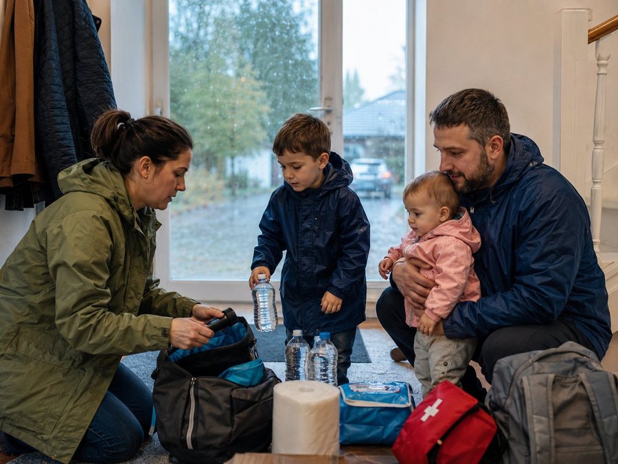 Familie packt gemeinsam einen Notfallrucksack