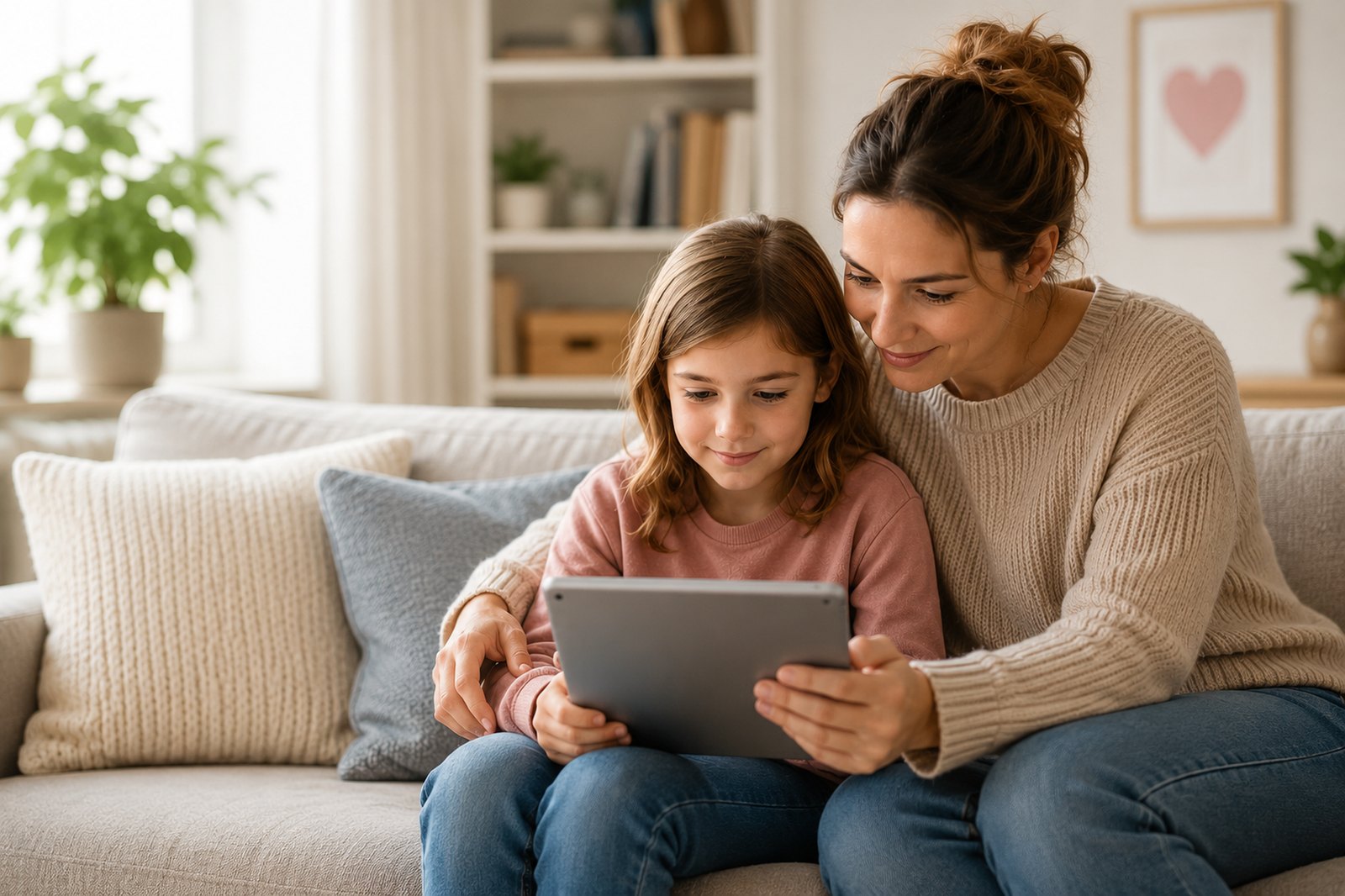 Mutter und Tochter schauen gemeinsam auf ein Tablet