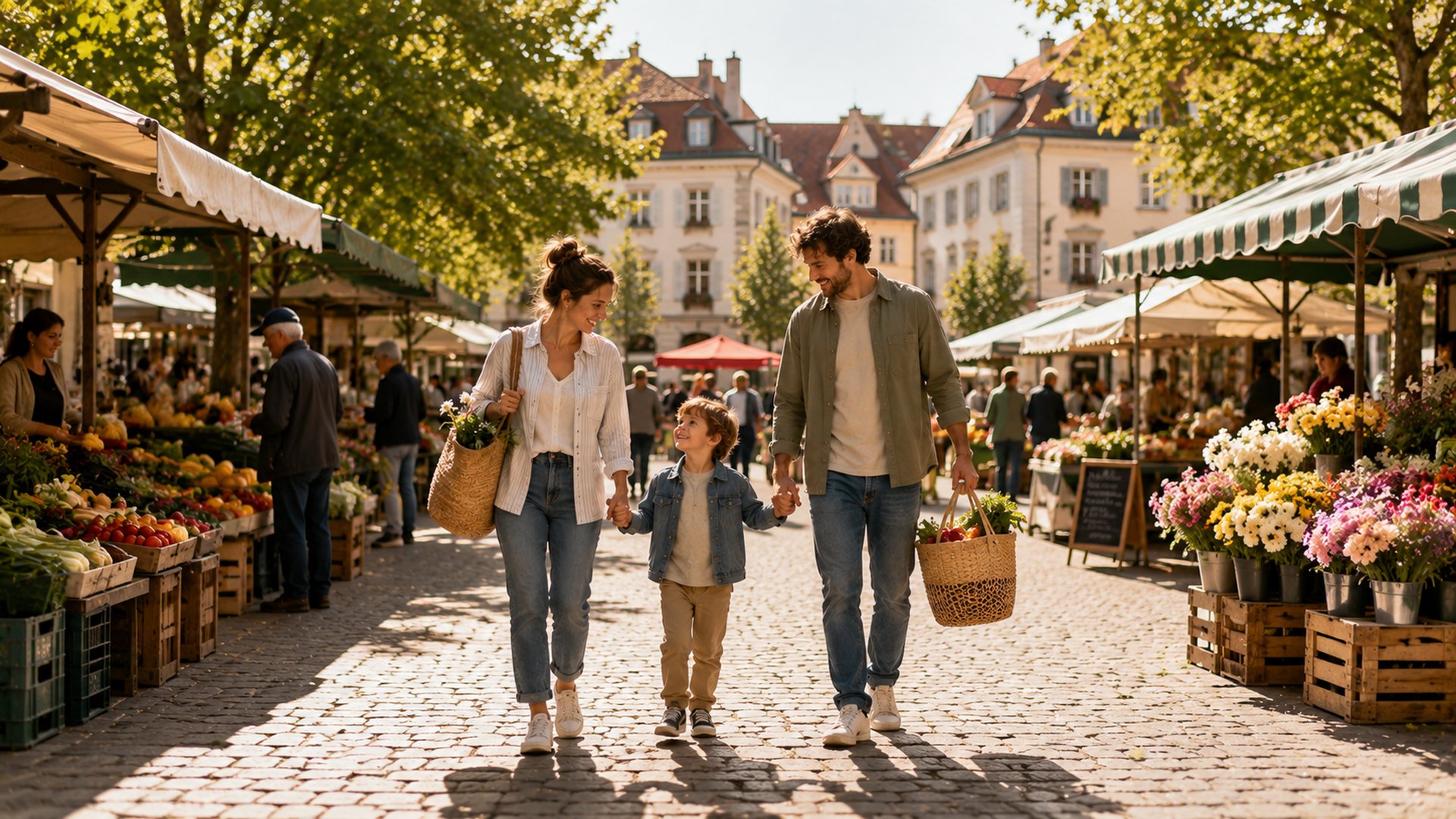 Familie spaziert über einen Wochenmarkt