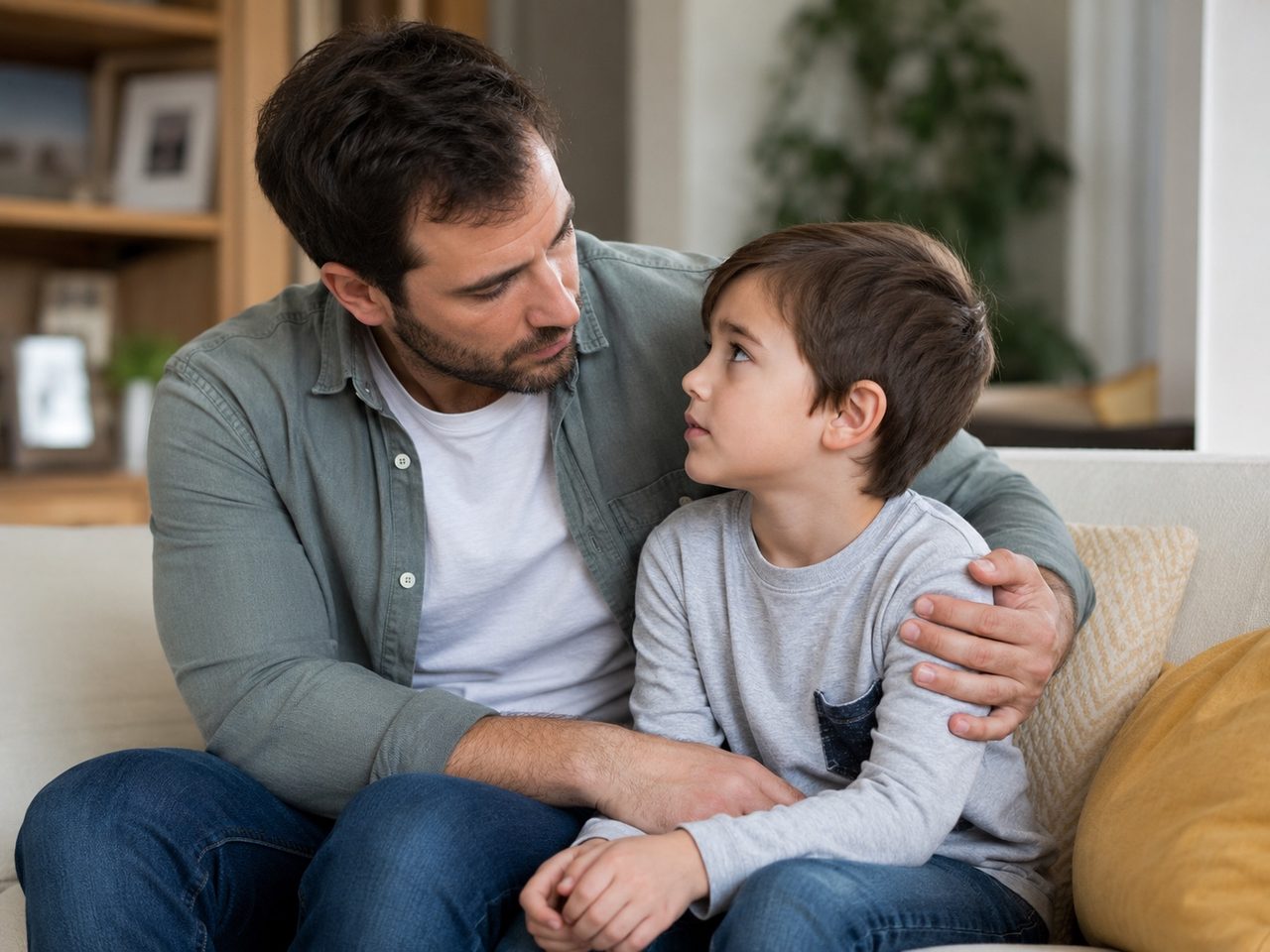 Vater und Sohn im Gespräch auf dem Sofa